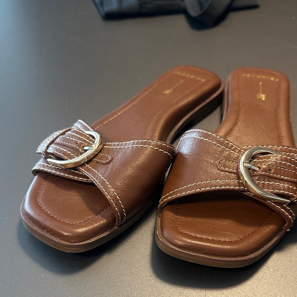 Women's Brown Leather Slide Mules with Silver Buckle